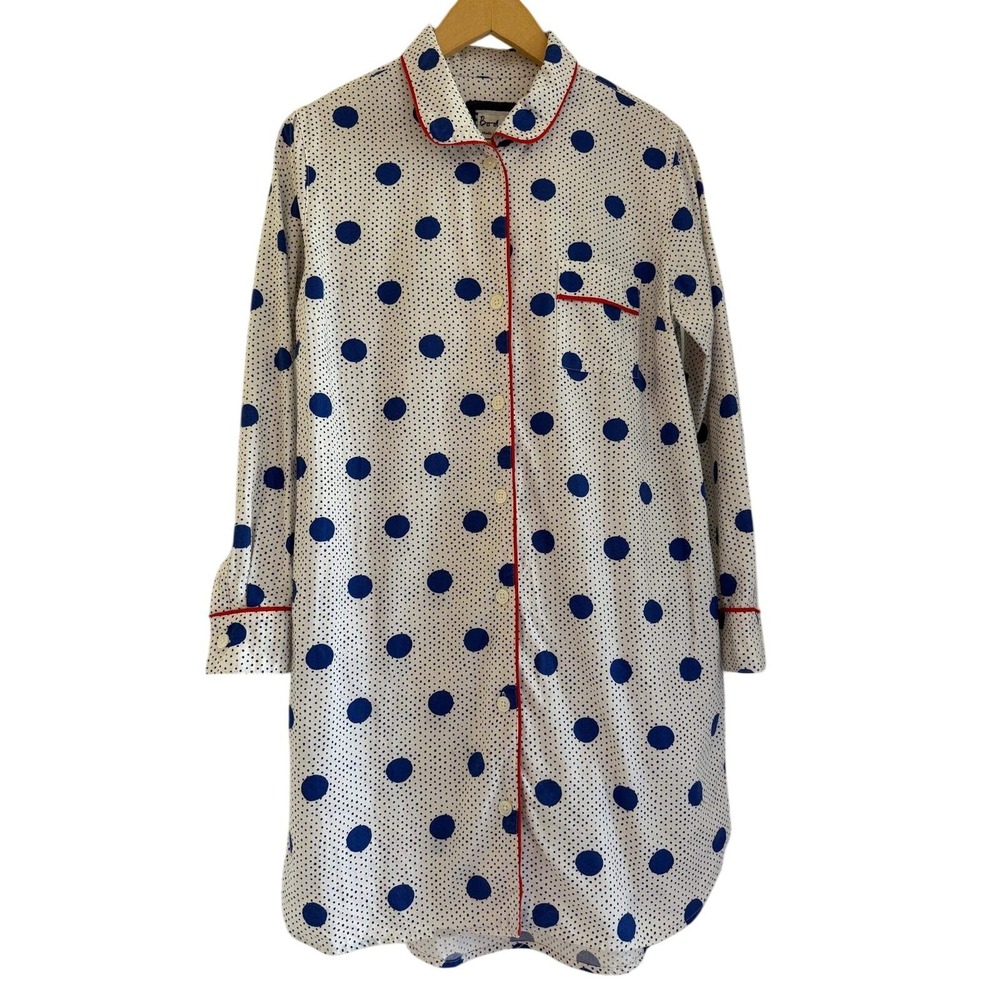 Boden Womens M Nightshirt Blue Polka Dot Red Piping Cotton Button Sleep Shirt